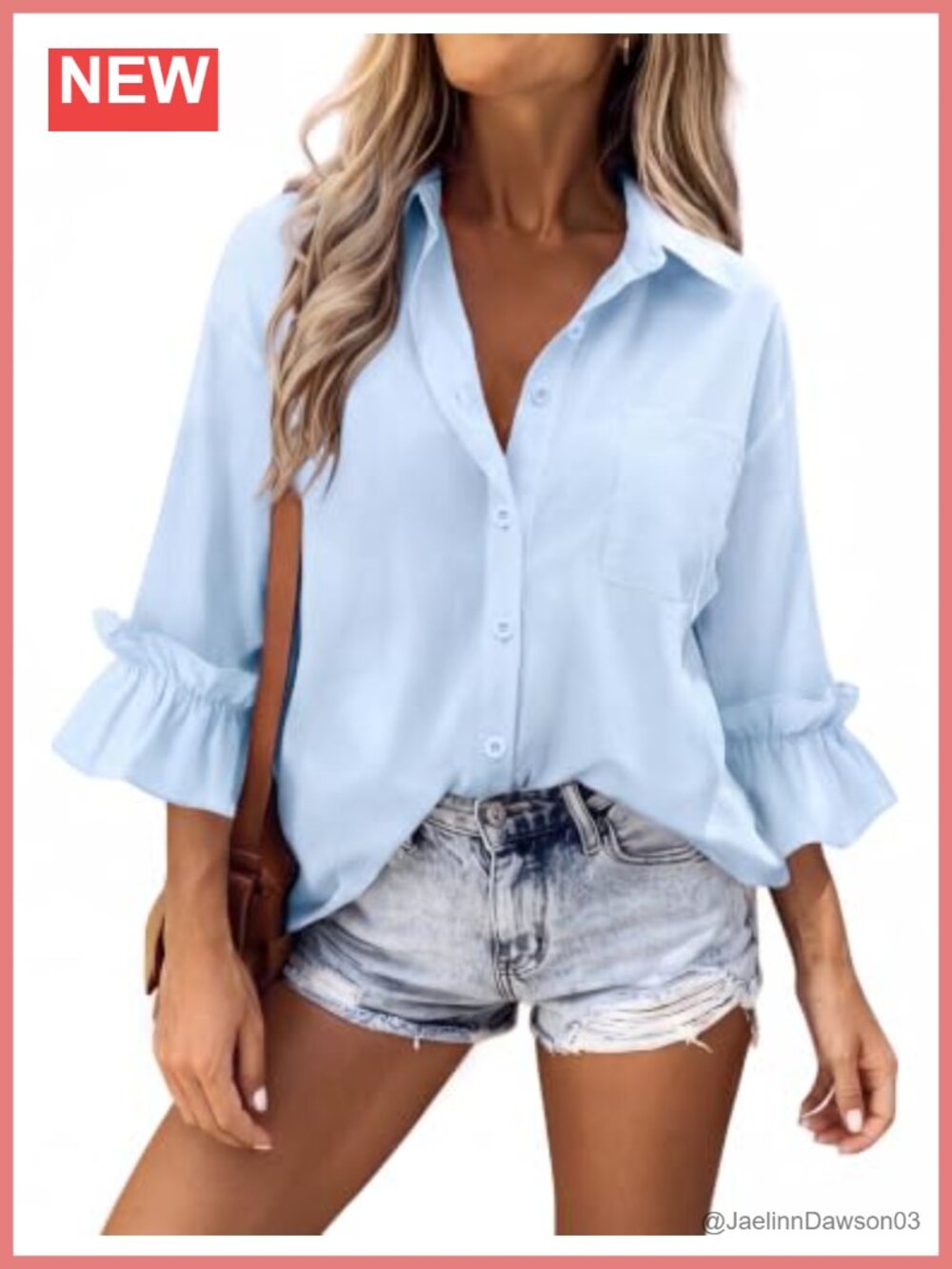 Womens 100% Cotton Button Down Shirt 3/4 Ruffle Bell Sleeve Top